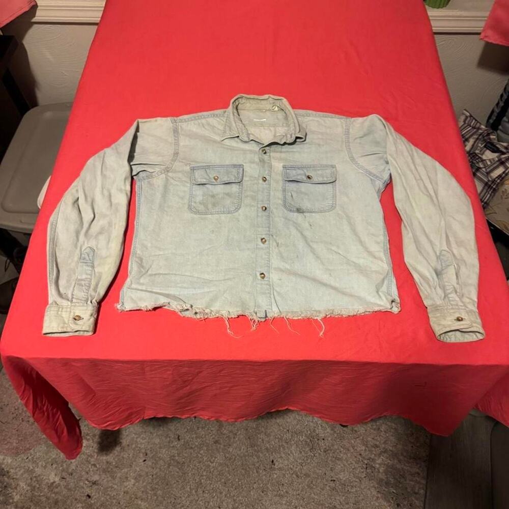 Light blue denim button-up shirt with a distressed look- *Read Description*